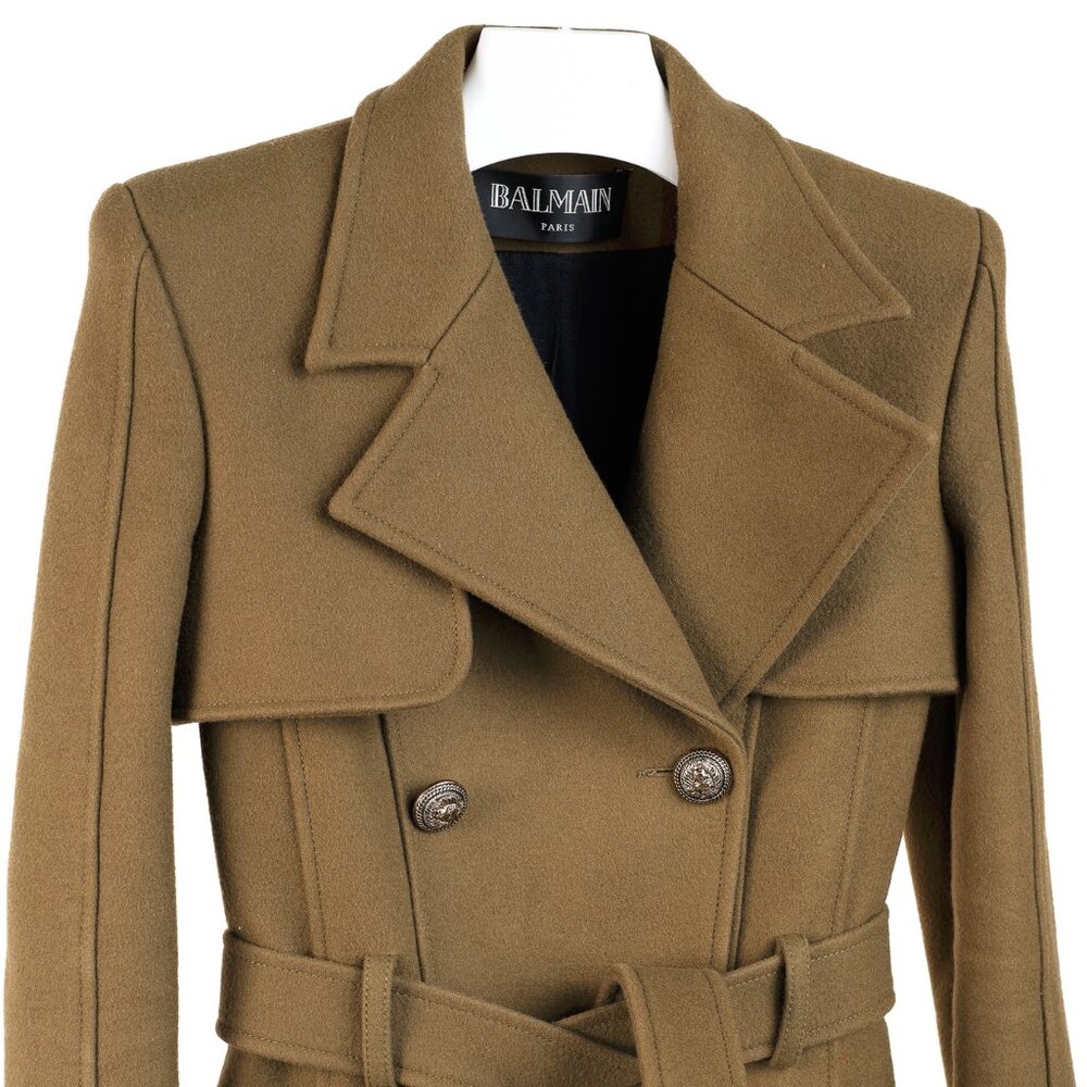 Balmain PF/14 Green Belted Double-Breasted Wool Trench Coat - Picture 4 of 14